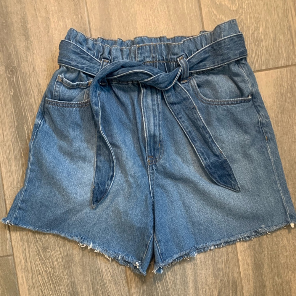 High Rise Paper Bag Denim Shorts
